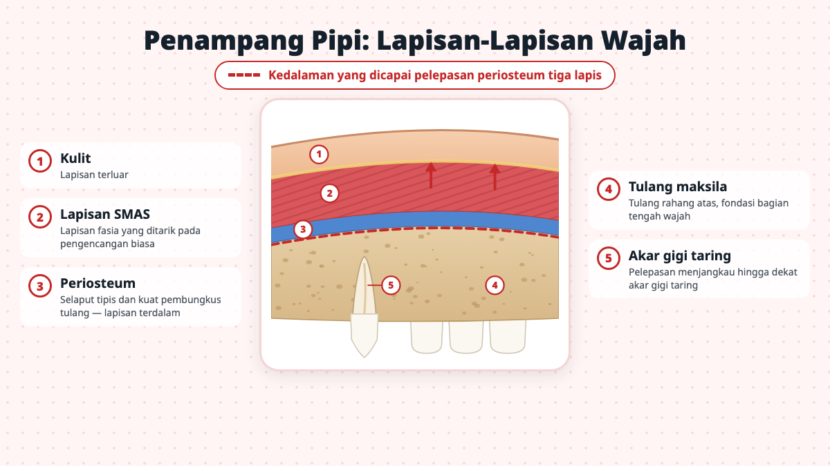 Penampang pipi yang menunjukkan kulit, lapisan SMAS, periosteum, tulang maksila, dan akar gigi taring